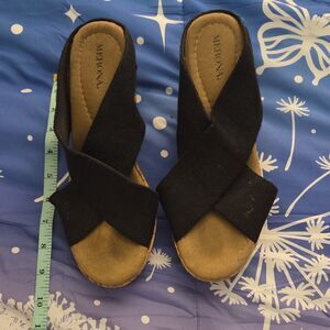 My Archives: Merona Black Cork Studded Wedge Sandals Slip On 2000s Platform 7.5